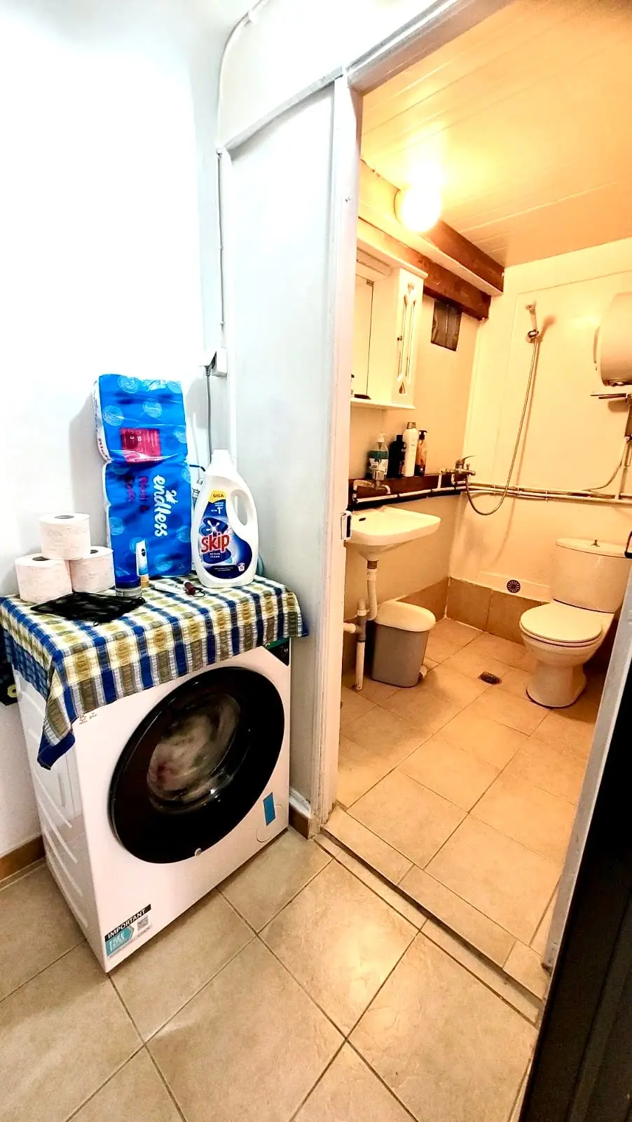 Private bathroom with shower and washing machine at Sylvia House accommodation in Telendos