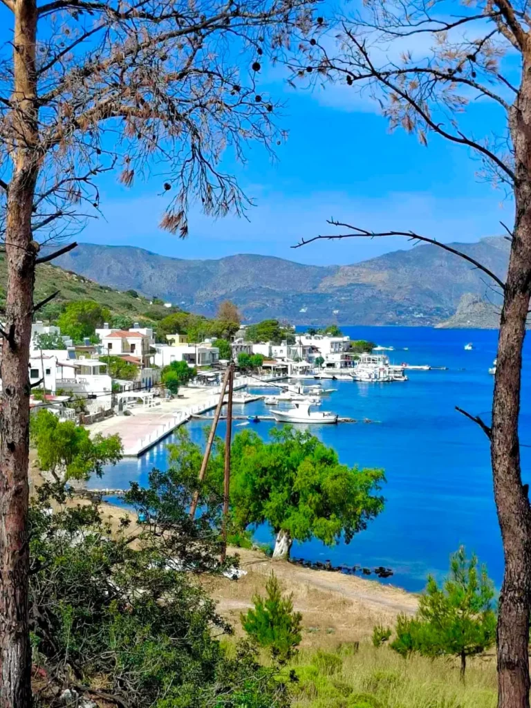 Panoramic view of Telendos Island waterfront with traditional houses, boats, and crystal-clear sea