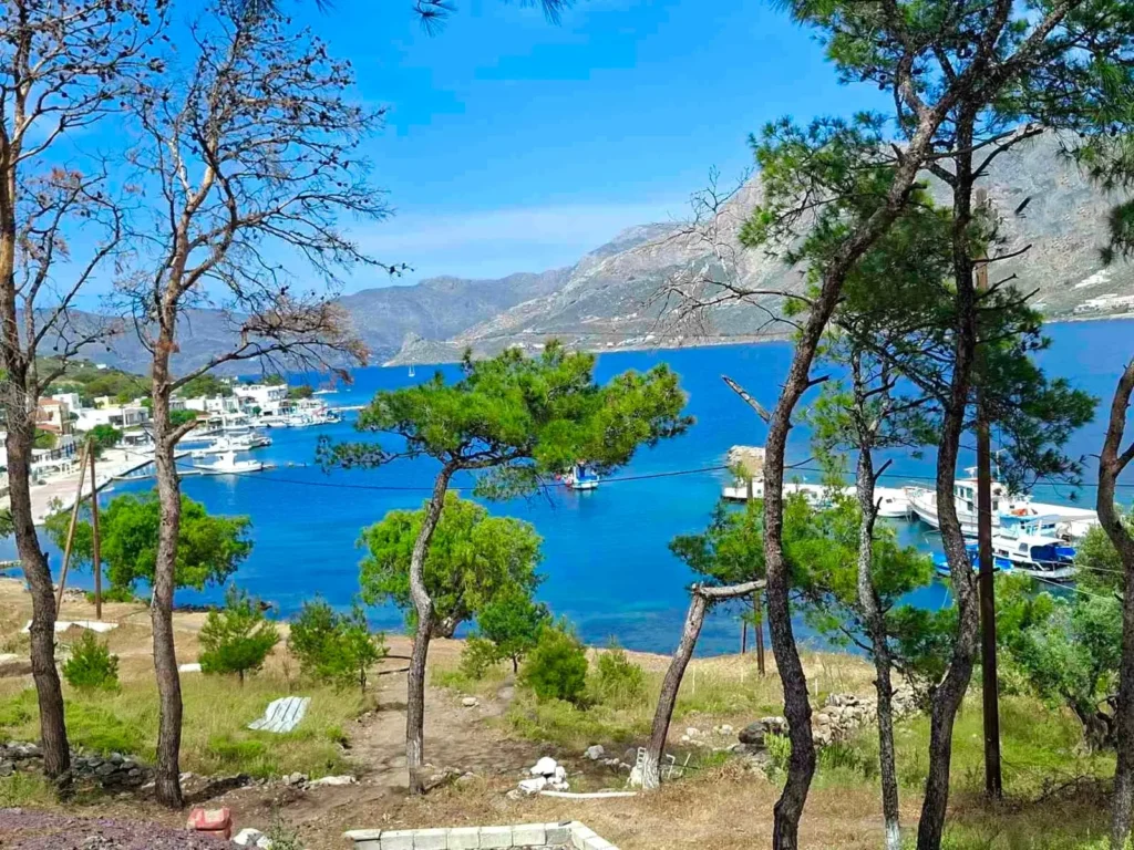 Panoramic view of Telendos Bay framed by pine trees with blue waters and coastal village