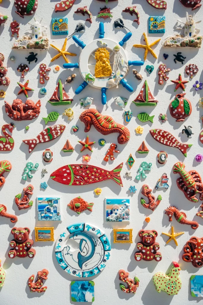 Colorful handmade ceramic souvenirs and maritime decorations displayed on Telendos Island